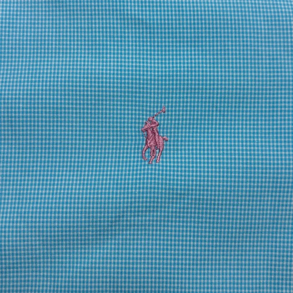 Ralph Lauren Custom Fit Gingham Mens XLT Blue Short Sleeve Button Down Shirt